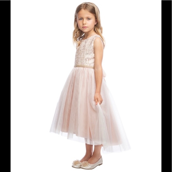 Sweet Kid’s USA Other - Sweet Kid’s USA Champagne Luxe Jacquard Hi-Low Dress with Crystal Tulle
